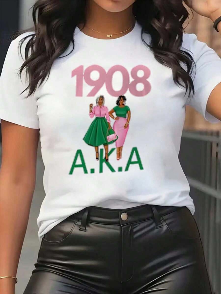 Women T Shirt 1908 Aka Vintage Women Fashion Print Round Neck Casual Daily Wear Soft Comfortable Festival Style - 白色 - 查看 1