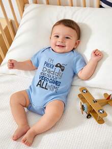 Infant Boy Slogan Print Round Neck Short Sleeve Casual Romper - Blue - View 3