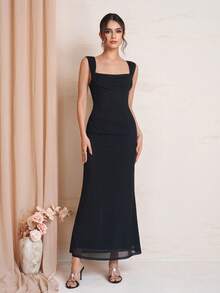PARTHEA Elegant Black Off‑Shoulder Mermaid Maxi Dress, Draped Neck Mesh Bodycon Formal Party Long Dress - Black - View 6