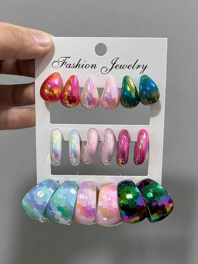 9对彩色时尚耳环套装（水滴形、C形），适合日常、约会、派对佩戴，也是送给朋友和女朋友的绝佳礼物。