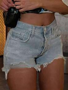 Shorts vaqueros de mujer con estilo callejero, lavados, con dobladillo deshilachado, elásticos y ajustados, para uso casual diario con bolsillos, adecuados para primavera/verano, vuelta al colegio - Azul - Ver 2