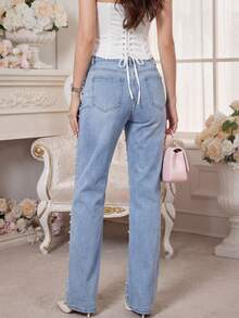 Quần jeans nữ cao cấp thanh lịch đính ngọc trai, cạp cao, dáng thẳng. - Màu xanh lam - Xem 4
