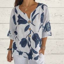 2026 New Printed Cotton-Linen V-Neck Short-Sleeve Pullover Shirt, Summer Outfits For Women - 黃色 - 查看 7