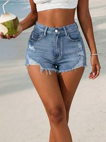 Women's Sexy Distressed Stretch Slim Fit Straight Leg Denim Shorts, Summer - Medium Wash - View 2