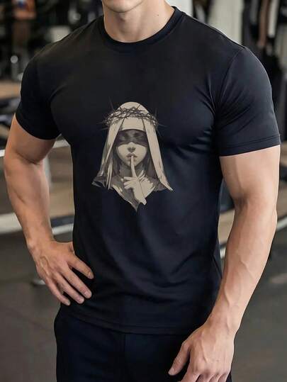 男士夏季休闲独特印花圆领短袖T恤，透气运动面料，适合健身、户外运动