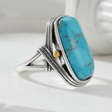 Handmade Wide Vintage Bohemian Style Artificial Turquoise Ring, Suitable For Women, Casual, Vacation Or Wedding Accessory, Unique Style Women's Jewelry - Silver - View 6