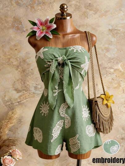 Women's Vacation Spring/Summer Carnival Cruise Resort Blue Watercolor Silhouette Print Twist Front Backless Romper,Loose Fit, Suitable For Party, Date, Valentine's Day, Layering