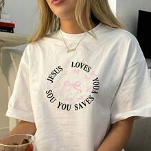 女士夏季短袖T恤，蝴蝶结图案，白色休闲上衣，新品上市 - 白色 - 查看 5