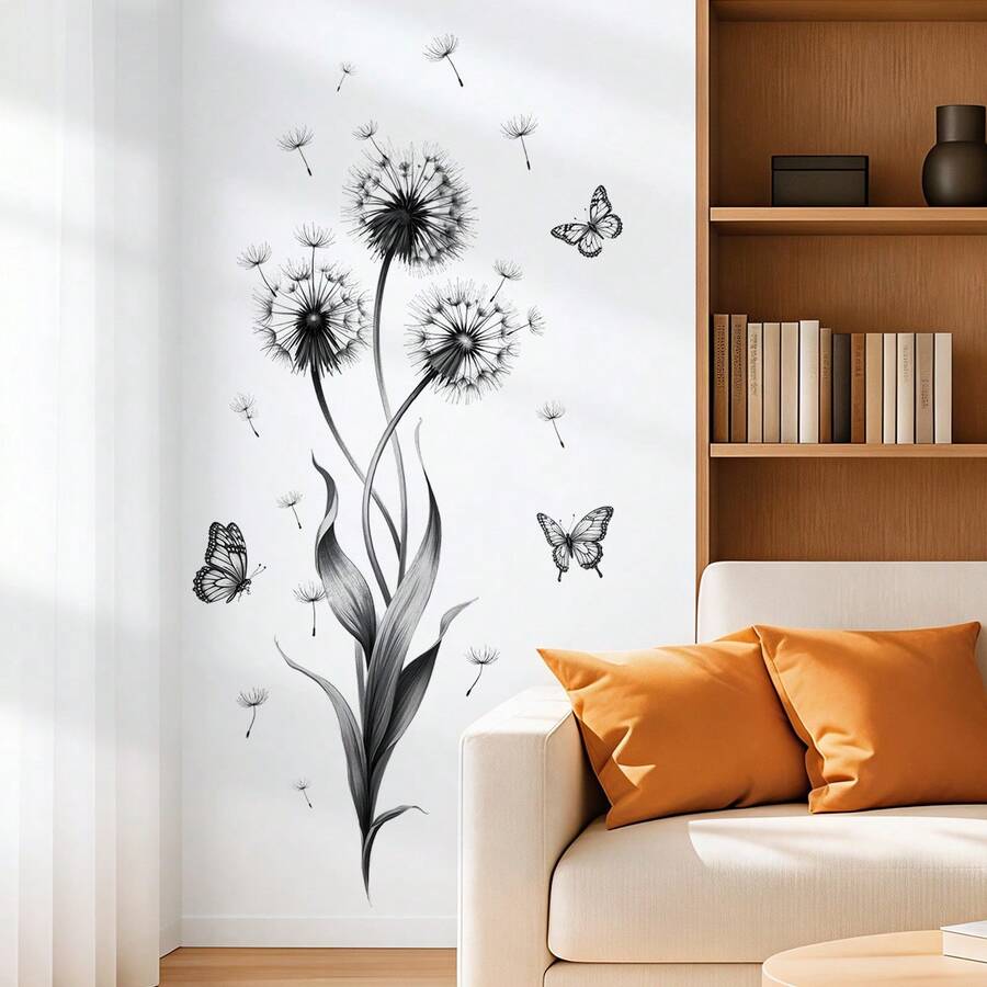 1pc Removable Dandelion & Butterfly Wall Sticker, Plant & Floral Decor For Bedroom, Living Room - 39084-yK-yuke - View 1