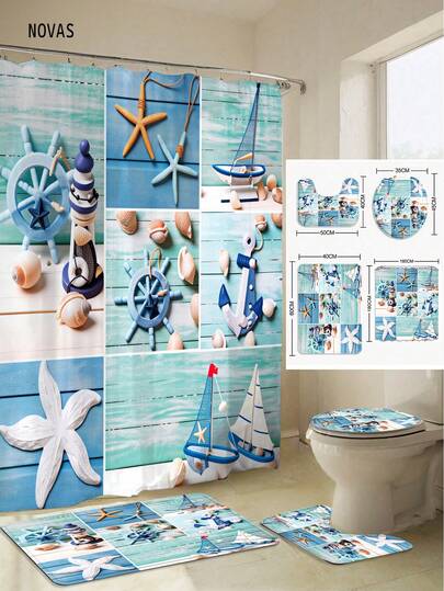 Bộ 1/3/4 món rèm tắm họa tiết sao biển và các yếu tố hàng hải cho phòng tắm, chất liệu vải polyester có thể giặt được, chống thấm nước, phụ kiện trang trí phòng tắm, kèm 12 móc - Bao gồm cả tấm phủ bồn cầu, thảm tắm và thảm trải sàn, hoàn hảo cho nhà/phòng ngủ/phòng khách/đồ dùng gia đình/mùa hè