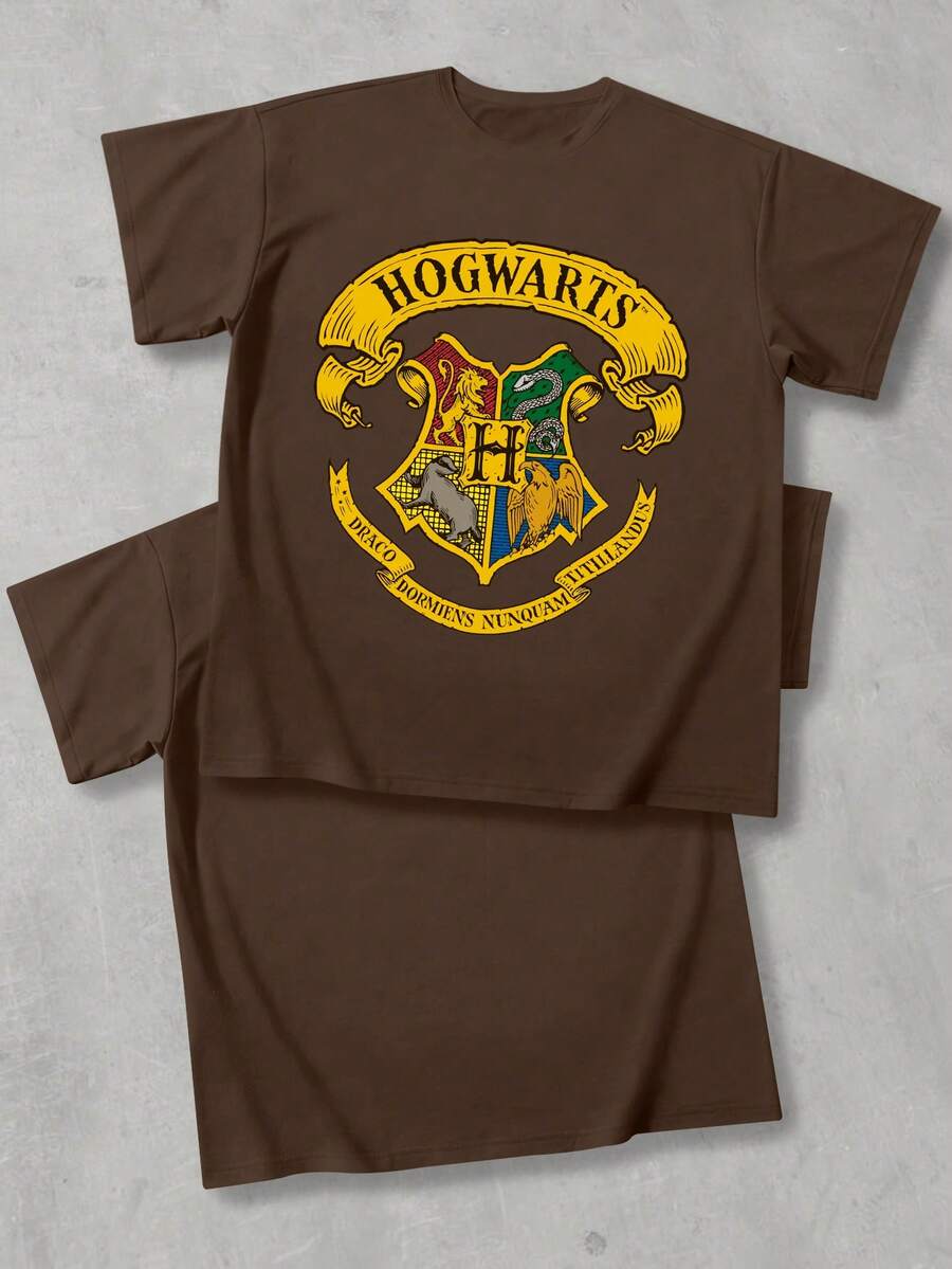 Strevion OBM Men X Harry Potter 男士简约哈利波特学院徽章印花圆领短袖T恤，夏季款 - 咖啡棕 - 查看 1