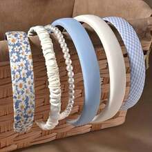 Vintage Hong Kong Style Floral Plaid Headband Korean Version For Girls With Round Faces Cute Versatile Internet Celebrity Headband 6-Piece Set - 6件套藍色系列 - 查看 9