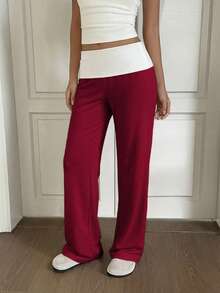 Y2K Style High Waist White Pleated Contrast Panel Straight Leg Pants, Suitable For School, Streetwear, Work, Casual And Home Wear Spring - Burgundy - View 2