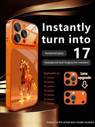 1个新款时尚个性化橙色火焰骏马图案豪华大窗口钢化玻璃镜头保护手机壳，适用于 17/17Pro/17ProMax/17Air/16/16Pro/16ProMax/16Plus/15/15Plus/15Pro/15ProMax/14/14Plus/14Pro/14ProMax/13/13Pro/13ProMax/12/12Pro/12ProMax/11/11ProMax，磨砂防摔，金属漆全覆盖高端保护壳