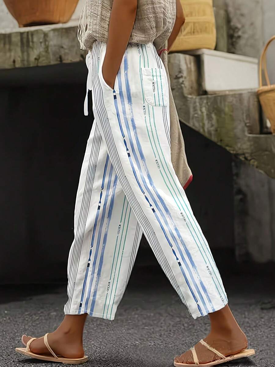 Women's Polyester Drawstring Cropped Pants, Wide Straight Leg, Abstract Striped Pattern - Multicolor - View 1