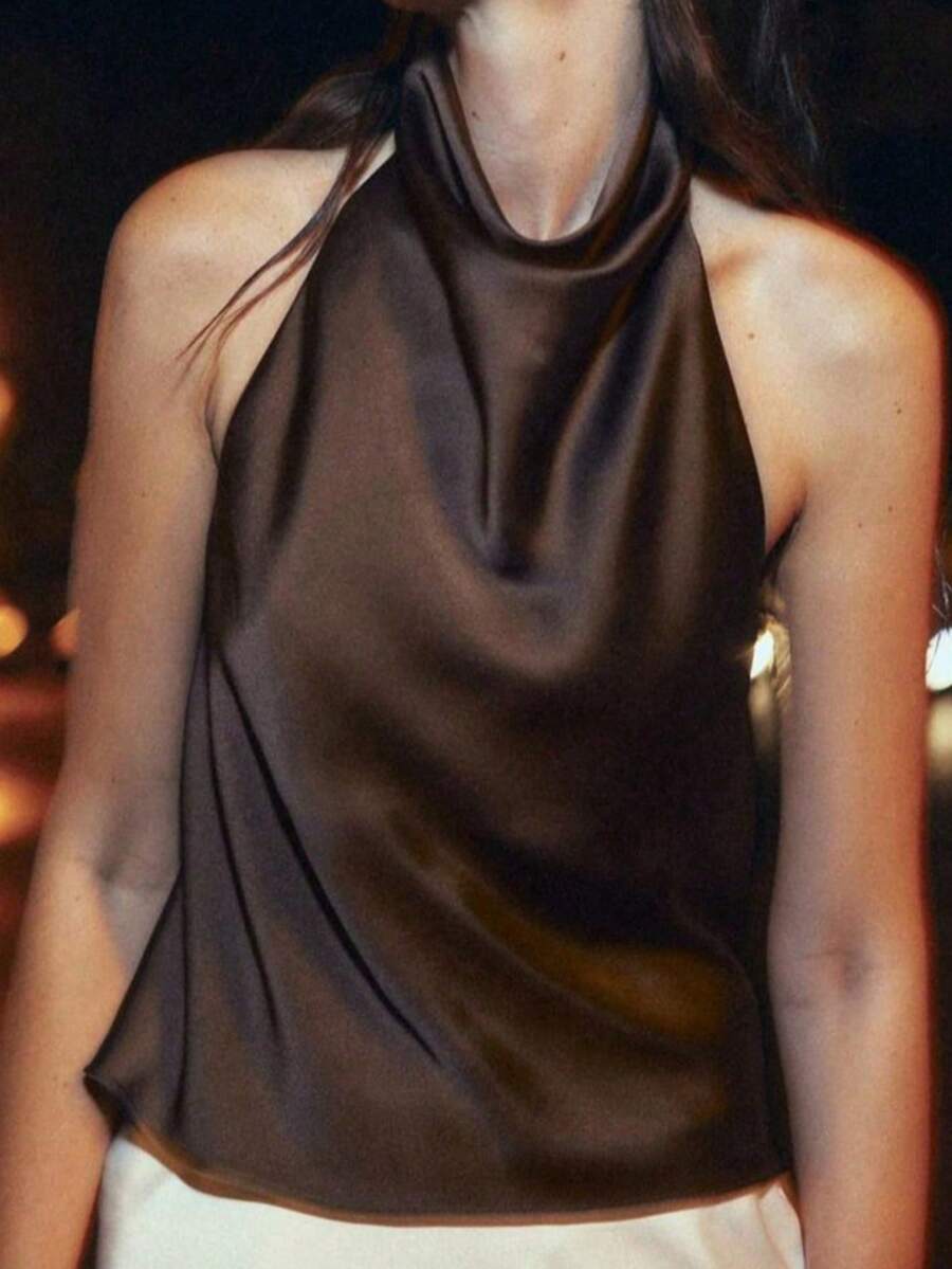 Seelio 夏季新款女士时尚缎面质感优雅吊带上衣 - 棕色 - 查看 1