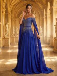 Women's Royal Blue Off-Shoulder Formal Evening Dress, Adorned With Sequins And Featuring Flowing Cape Sleeves Party Wedding Spring - Royal Blue - View 4