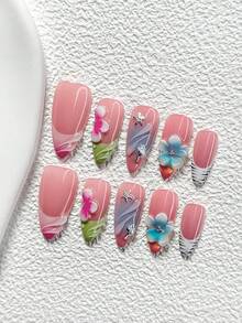 10Pcs Gentle, Girly Style Handmade Nail Art Set,Polygel Nail Set,Starfish, Sea Snails Nail Art Accessories,Hand Sculpted Five Petal Flower And Stripes Nail Art Decorations,Green, Blue And Pink Purple Nail Polish,Vibrant Summer Style,Comes With Nail Tools(1 Sheets Jelly Stickers+1PC Nail File)3 Sizes Available,Almond Nails, Duck Nails,Coffin Nails,Suitable For Reunion,Daily,Party,Photograph,Play,Spring Summer,Commute Supplies Nails - 彩色 - 查看 3