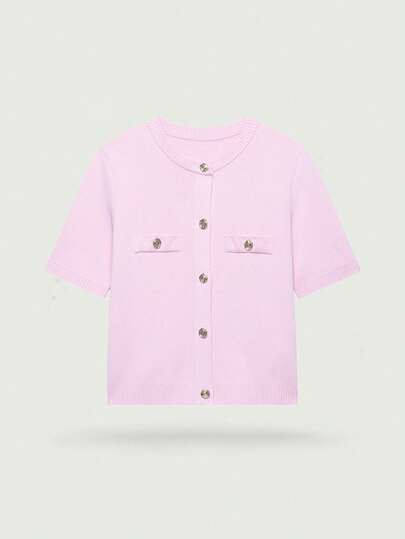 YROOE Women's Pink Metal Button Knit Short Sleeve Cardigan, Spring/Summer