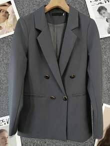 Blazer Wanita Lengan Panjang Polos Kancing Ganda Musim Semi & Musim Panas, Kerah Berlekuk | Ideal untuk Kencan, Pesta, Jalan-jalan & Perayaan Meriah - Abu-abu Keabu-abuan - View 3