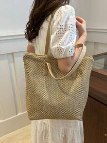 Túi tote bằng rơm dung tích lớn dành cho nữ, túi xách đeo vai mùa hè mới, túi đi biển dệt. - Màu Khaki - Xem 4