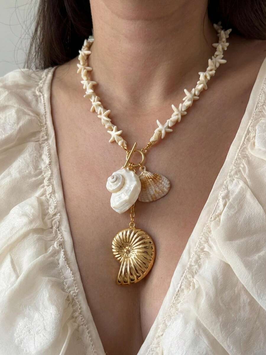 1 chiếc vòng cổ mặt dây chuyền hình sao biển và vỏ sò phong cách Bohemian Y2K, vòng cổ đi biển thường ngày dành cho nữ. - Vỏ ốc nhiều màu - Xem 1