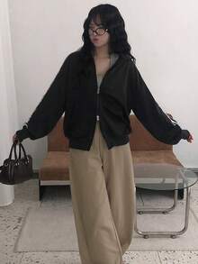 女士休闲宽松立领夹克 黑色 - 黑色 - 查看 7