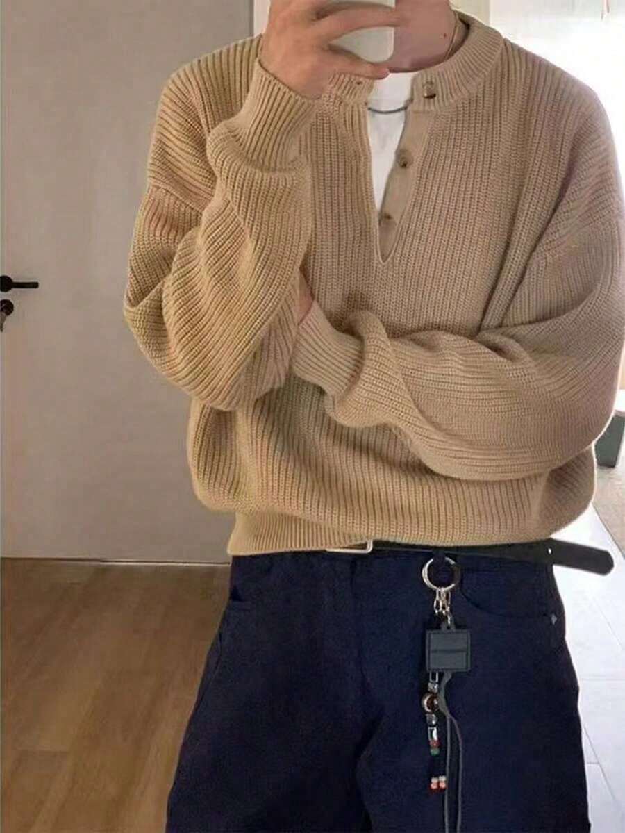 Men's Comfortable Minimalist Button Decor Long Sleeve Crew Neck Sweater, Casual Versatile For Daily Wear, Autumn/Winter - Khaki - View 1