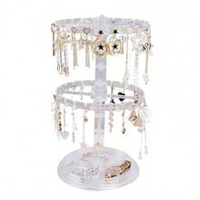 1pc Adjustable 2-Tier Rotating Keychain Display Rack, Multi-Functional Plastic Desktop Storage Organizer, Suitable For Storing Keychains, Badges, Jewelry, Necklaces, Bracelets And Pendants, Multi-Purpose Collectibles And Awards Rack, Perfect For Valentine's Day, Sun Protection, Travel And Back To School - Clear - View 6