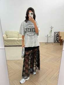 Solstice Apparel 黑色花卉透視蕾絲分層長裙，彈性高腰內襯短褲 2 件套網紗裙 夏季款 - 黑色 - 查看 6