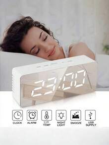 Reloj despertador LED multifuncional moderno, reloj digital pequeño con pantalla espejo, visualización de temperatura, humedad y fecha, brillo ajustable, para dormitorio, escritorio, oficina, estantería, artículo esencial de decoración minimalista para el hogar - Multicolor - Ver 4