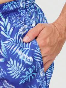 Men's Basic Blue Foliage Tactel Shorts With Pockets And Drawstring For Beach, Training, Running - Multicolor - View 5