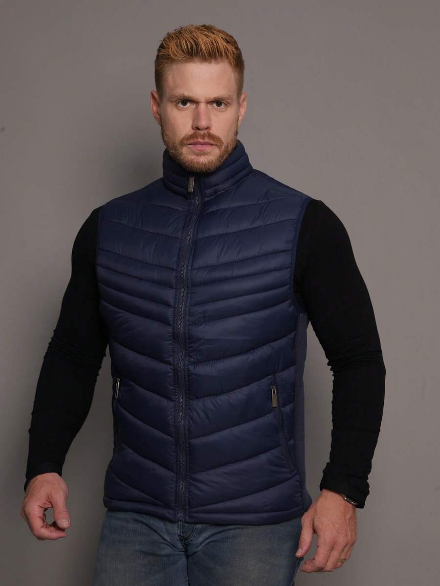 Men's Double-Sided Puffer Vest With Zipper For Winter - Azul Marino - Ver 1