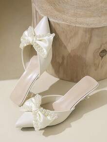 Giày bít mũi nhọn nữ, kiểu dáng slip-on, có nơ và đính hạt, thanh lịch, thích hợp cho đám cưới. - trắng - Xem 10