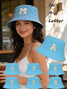 Mũ tai bèo nữ in chữ cái A-Z cá nhân hóa, mũ chống nắng, mũ ngư dân, mũ đi biển mùa hè thường ngày, phong cách đường phố thời trang, có thể gấp gọn, phù hợp để đội hàng ngày. - Màu xanh da trời - Xem 1