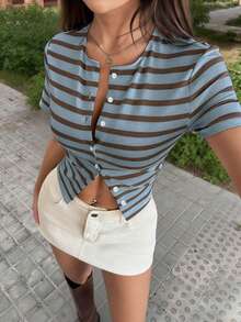 Ms. VIVINA's Spring And Summer Fashion: Simple, Color-Blocked Striped Round Neck Short-Sleeve Button-Up Casual Top For Women, Ideal For Travel, - Brown and Blue - View 7