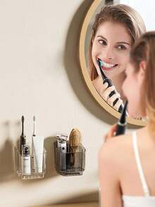 2pcs/1pc Transparent Toothbrush Holder With Compartments, Wall Mounted Storage Rack, Creative No-Drill Bathroom Organizer For Toothbrush, Comb And Razor, Home Bathroom Decor - Multicolor - View 5