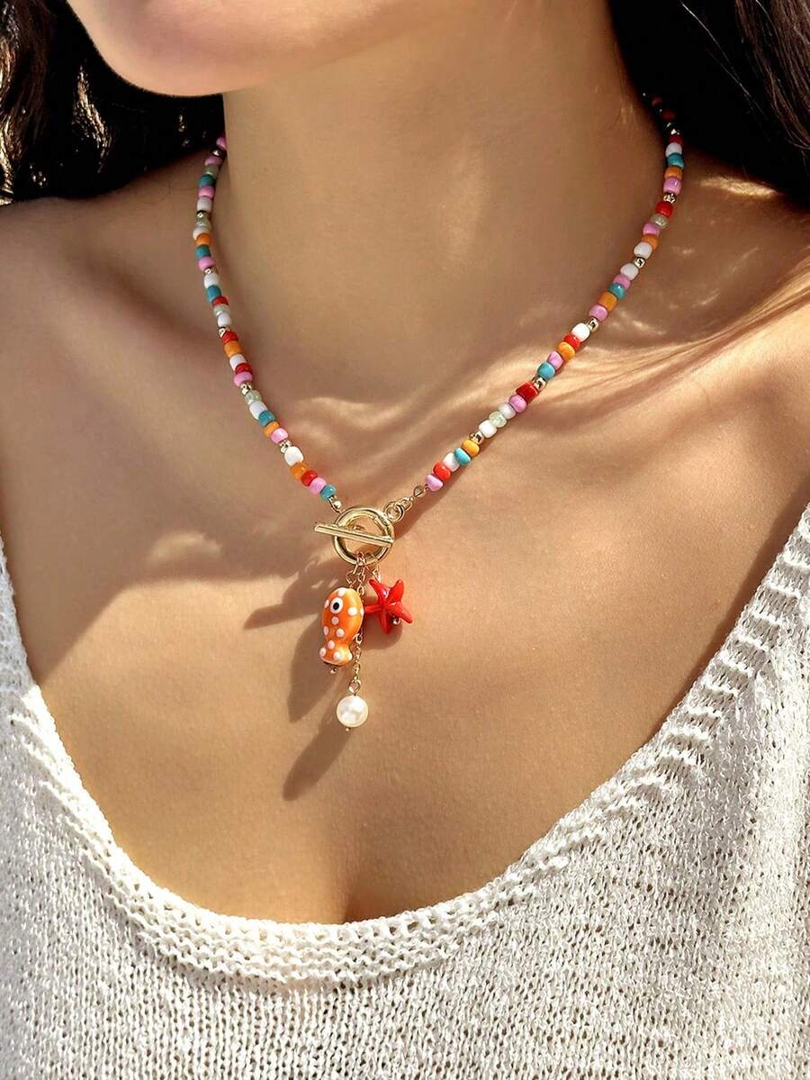 1 mặt dây chuyền hình cá bằng gốm phong cách Bohemian, hình sao biển tua rua đính hạt ngọc trai, khóa cài OT, thích hợp cho đi biển, du lịch, đeo hàng ngày, lễ hội, làm quà tặng. - Đầy màu sắc - Xem 1