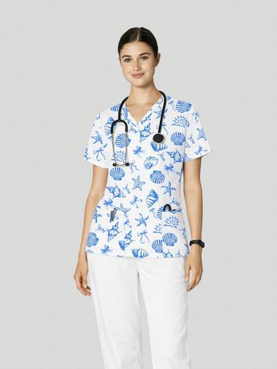 Women's Scrubs Top With Double Pockets, V-Neck, Short Sleeve, Printed Scrubs Nurse Workwear For Dentist, Healthcare, Pet Hospital, Laboratory, Christmas Clothes Spring