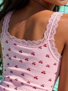 Runway Rest Soft & Comfortable Cherry Blossom Lace Trim Camisole, Delicate & Sweet, Versatile Layering Piece - Pink - View 6