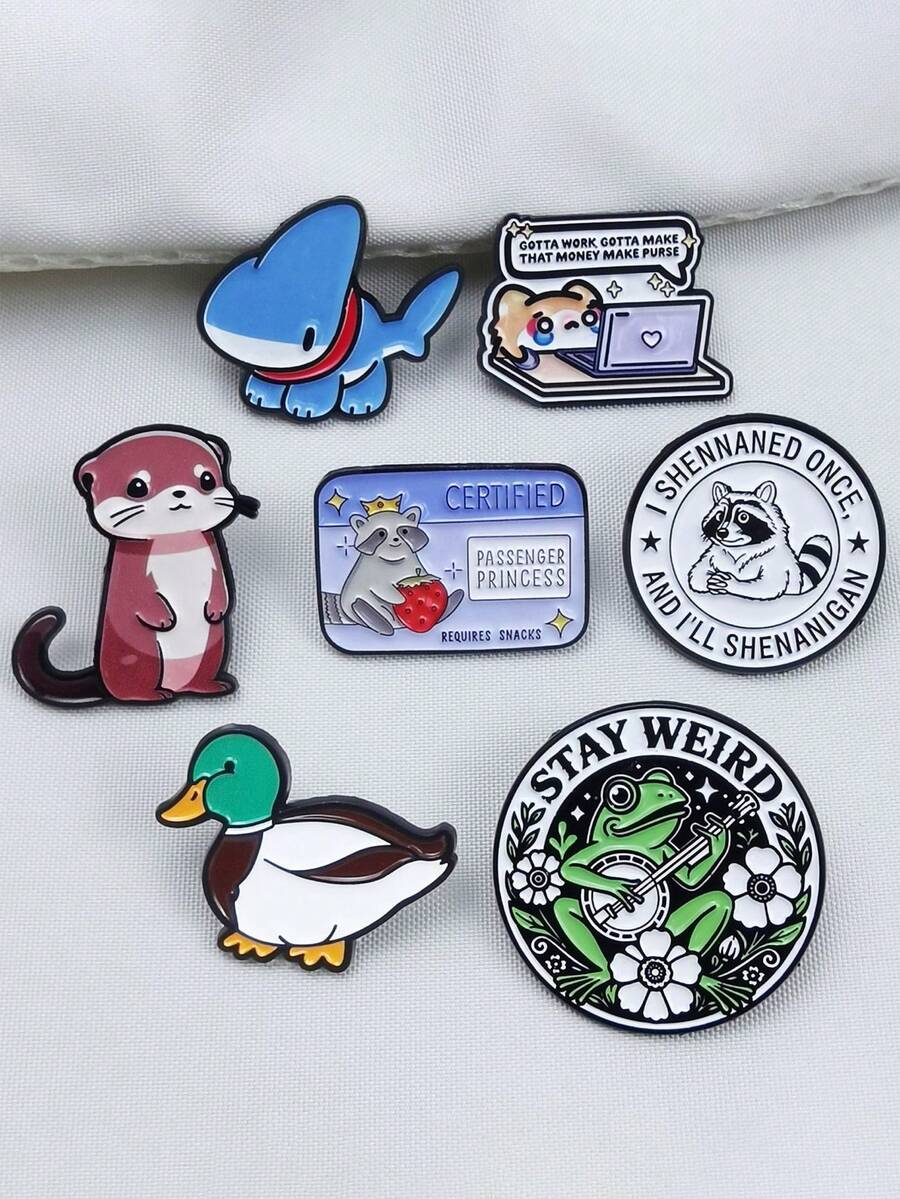 可爱海獭、鸭子、鲨鱼珐琅胸针，动物语录翻领别针，西装领针徽章，适合搭配背包，服装配饰，时尚珠宝礼品 - 彩色 - 查看 1