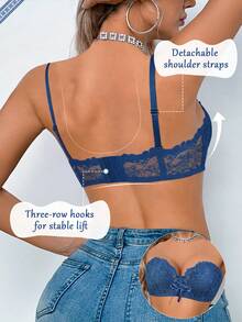 Women's Blue Lace Strapless Wireless Bra - Drawstring Gathering, Breathable & Comfortable, Suitable For Vacation Wear - Blue - View 6