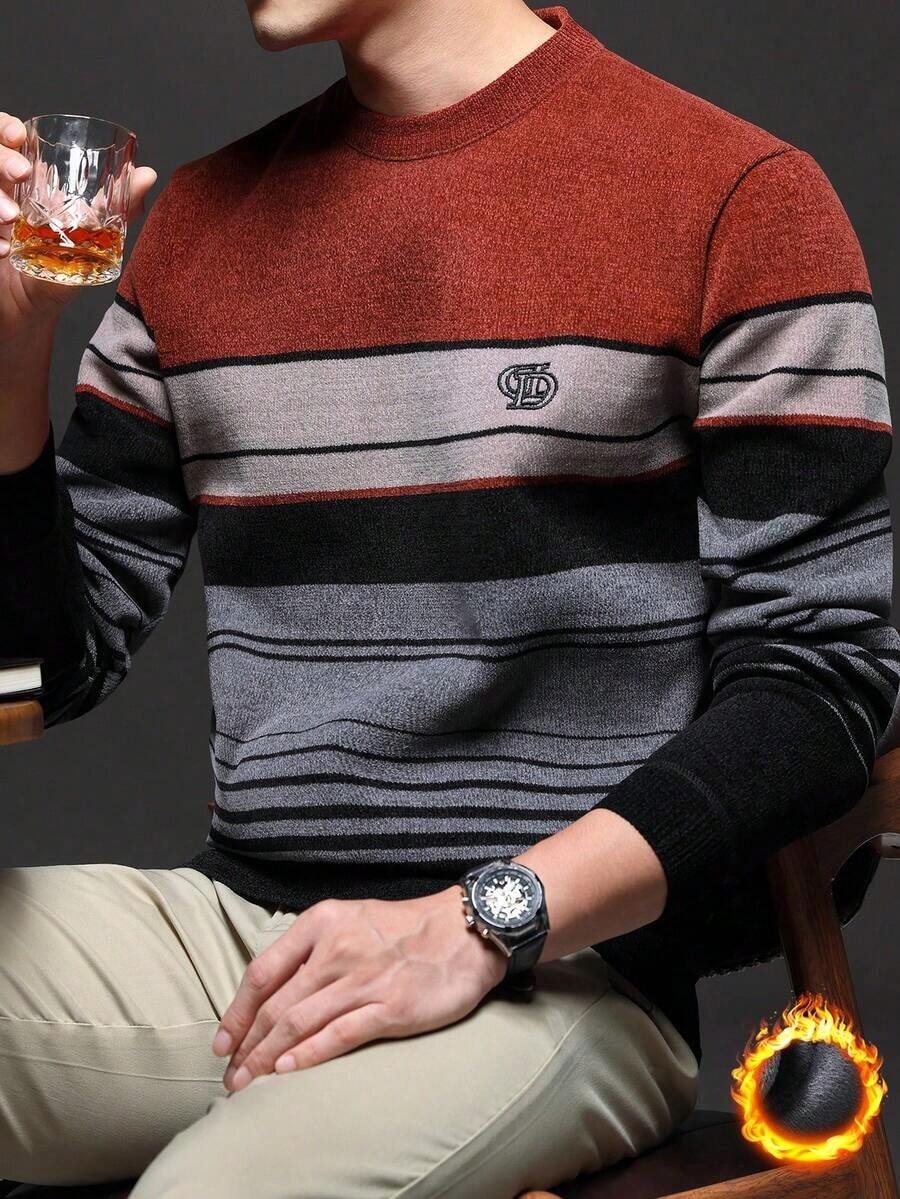 Red Men's Winter Thick Sherpa Striped Knit Sweater - 紅色 - 查看 1