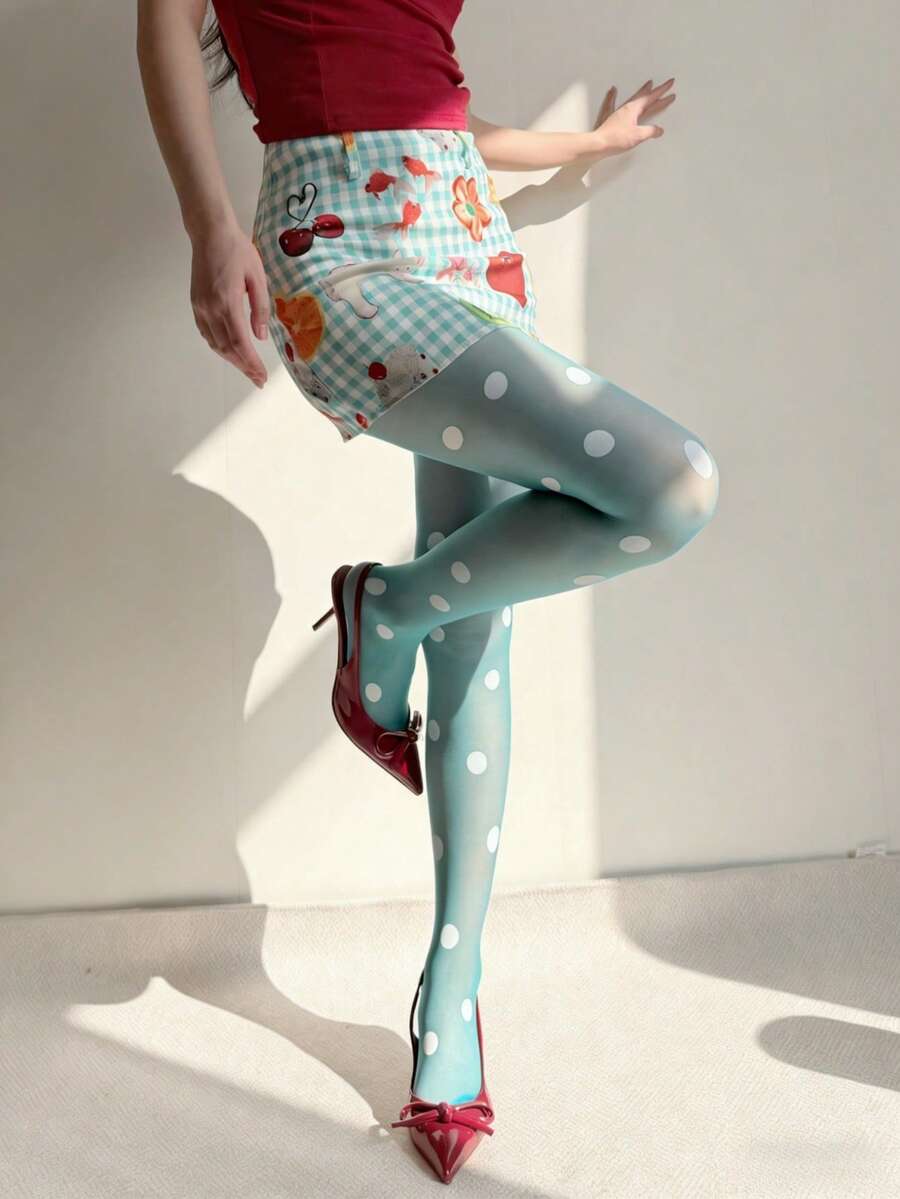 Retro Large-Scale Polka Dot Pantyhose, Fashionable Multi-Color Contrasting Polka Dot Stockings, Sweet, Cool, Ish Style Leg Accessories, Ultra-Thin Transparent Base Layer  Pantyhose For Women. - 酒紅色 - 查看 1