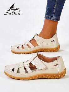 Sandálias femininas de verão com fecho, design minimalista de bico fechado para uso confortável ao ar livre, sapatos baixos sem fecho, adequados para jeans, saias, tamanhos grandes, estilo férias. - Bege - Ver 5