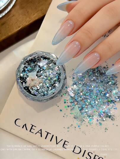 1盒冰蓝色全息混合闪粉指甲粉，含珠光碎钻亮片、闪亮银蓝色闪粉片，适用于DIY美甲装饰、凝胶指甲油、亚克力指甲、树脂工艺品和派对妆容的美甲配件