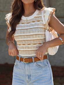 女士时尚优雅条纹圆领荷叶袖休闲针织上衣 - 彩色 - 查看 1