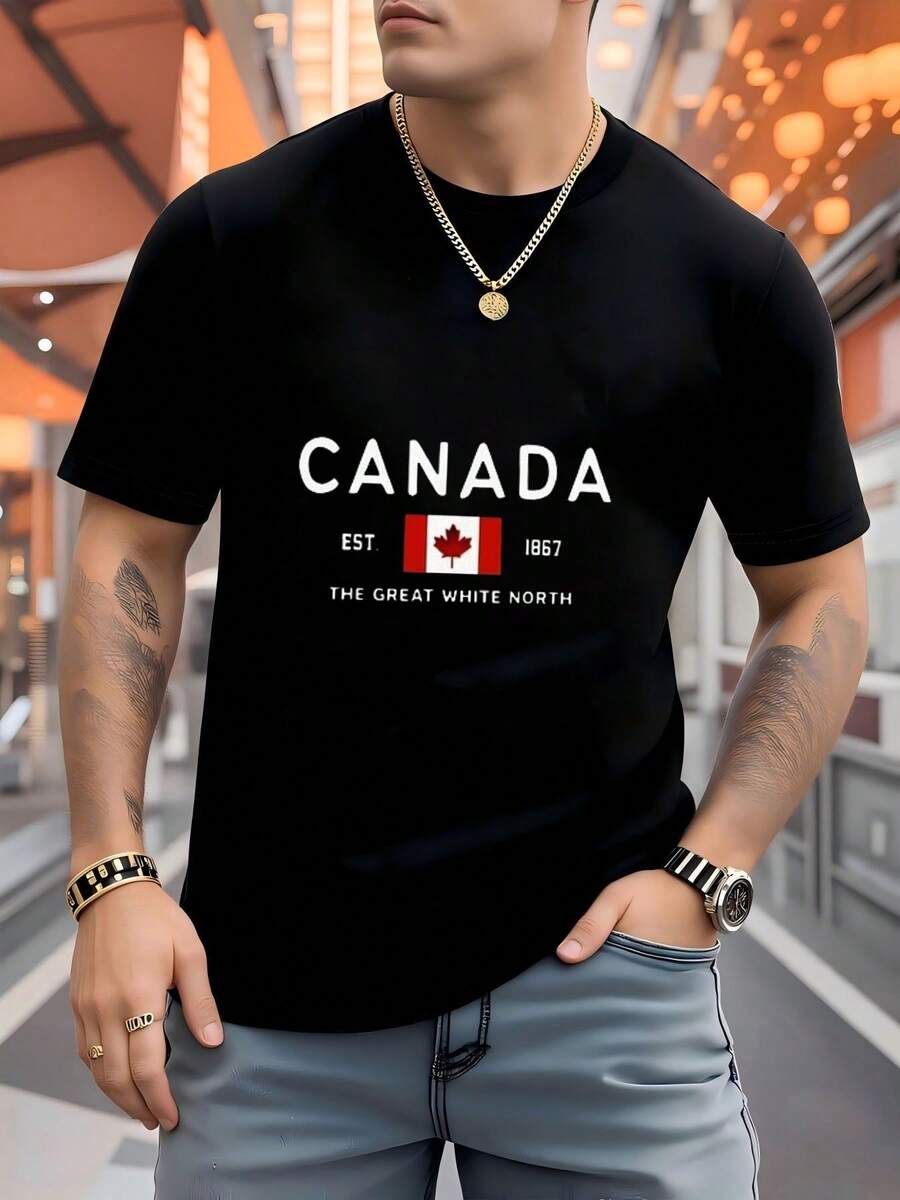 100% Pure Cotton, Printed With Canadian EST. 1867 And The Great White North Black Background With Canadian Flag Men's Casual T-Shirt - 黑色 - 查看 1