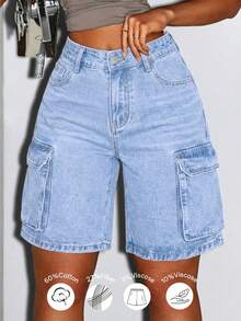 Quần short denim cargo mùa hè dành cho nữ, có túi bên và túi nắp, phong cách đường phố cổ điển, thiết kế ống thẳng, thanh lịch cho trang phục hàng ngày. Phong cách thường ngày. - Màu xanh lam siêu nhạt - Xem 7