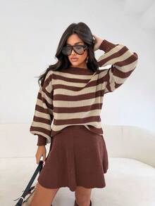 Women's Knit Set: Short A-Line Skirt And Striped Puff Sleeve Blouse - Fashion Blogger Style - Autumn/Winter - 查看 3